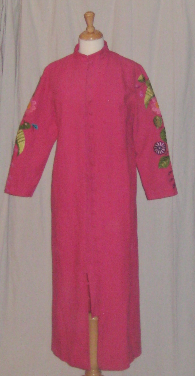 Vintage Duster Jacket Coat Mexican Embroidered Birds Paz El Paramor Fushia Pink