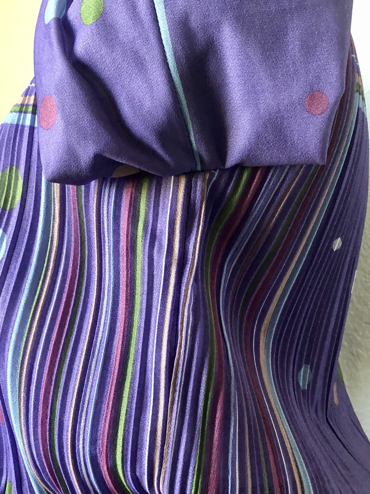 Vintage Sue Brett Purple Multi Blouson Dress Semi Sheer Stripes Dots Pleats 5/6