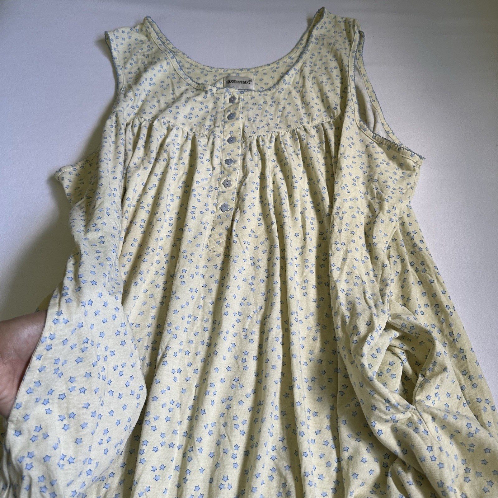 VTG Light Yellow Blue Stars Sleep/House Dress FashionBug Women’s Sz 4X (30/32W)