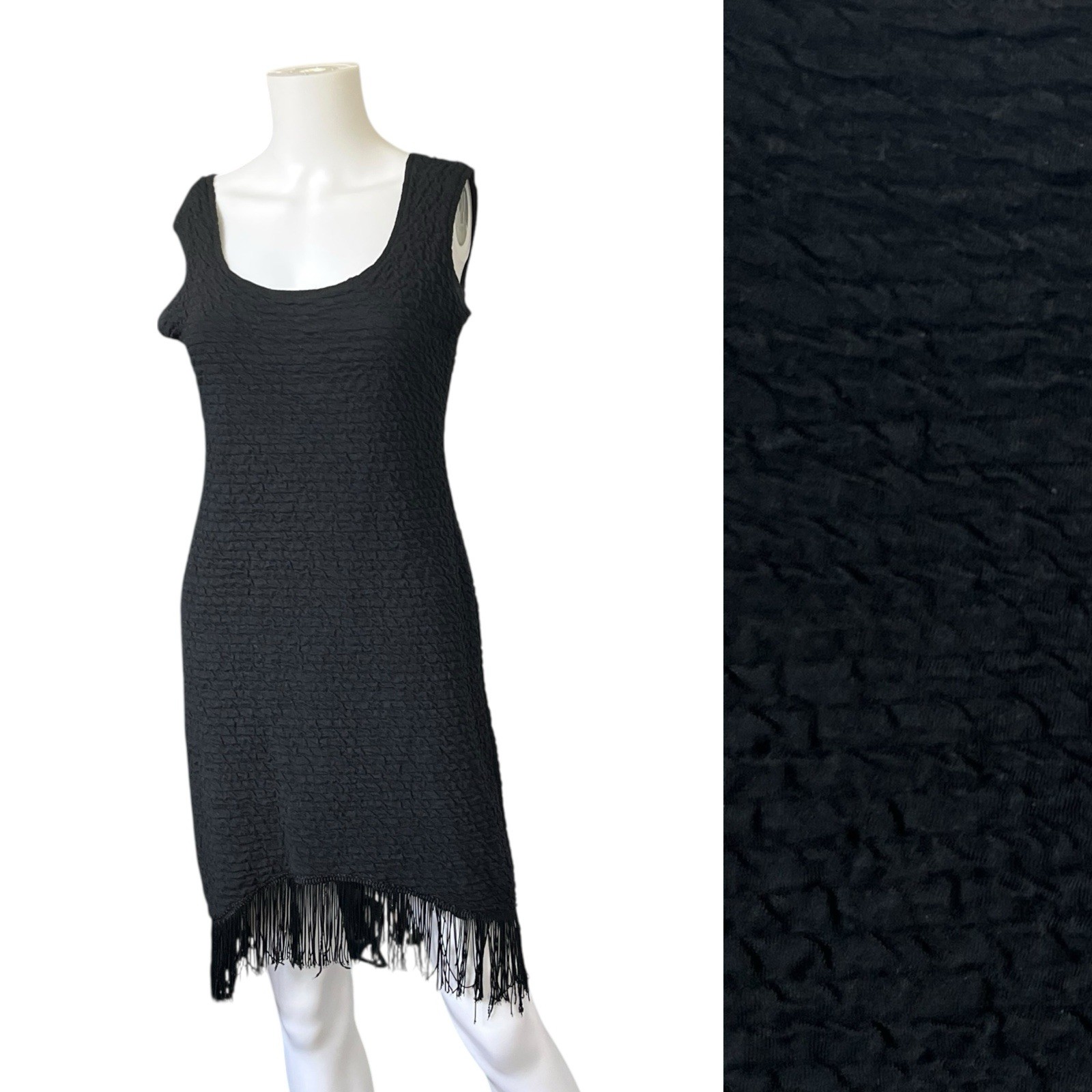 Vintage Black Tank Dress with Fringe Trim Made in USA Size Large L