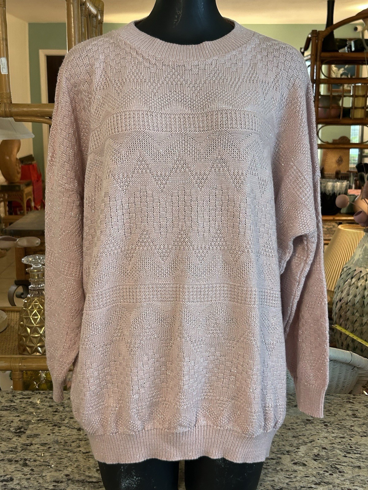 Vintage 80s 90s Dusty Rose Pink Shiny Silver Oversized Geometric Knit Sweater L