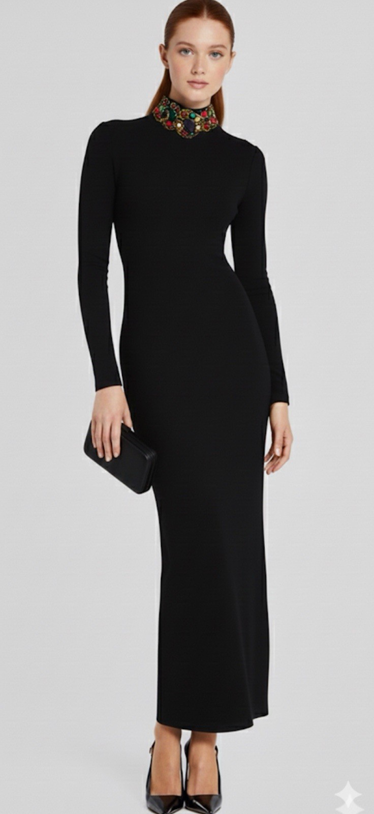 VTG Fusion Black Bodycon Long Dress Wool Blend Jewelry Neck Open Back Women S