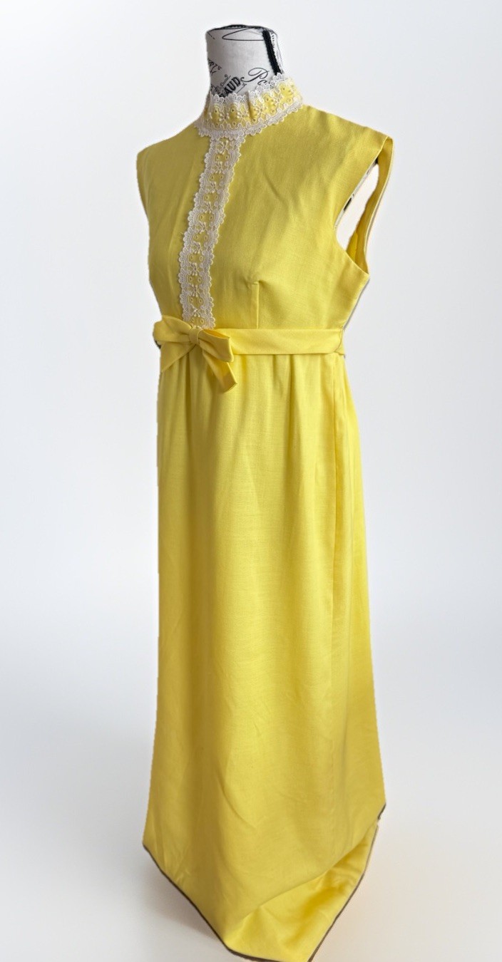 vintage 70s lorrie deb yellow bow lace maxi prairie cottage core mod dress ILGWU