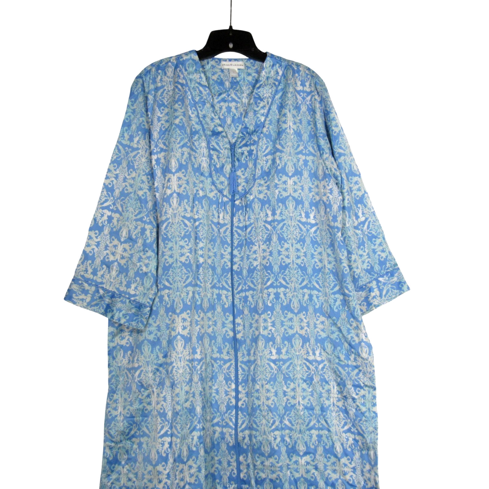 VTG MISS ELAINE Blue DAMASK PATTERN Zip/Pockets LOUNGE ROBE KAFTAN DRESS Sz L