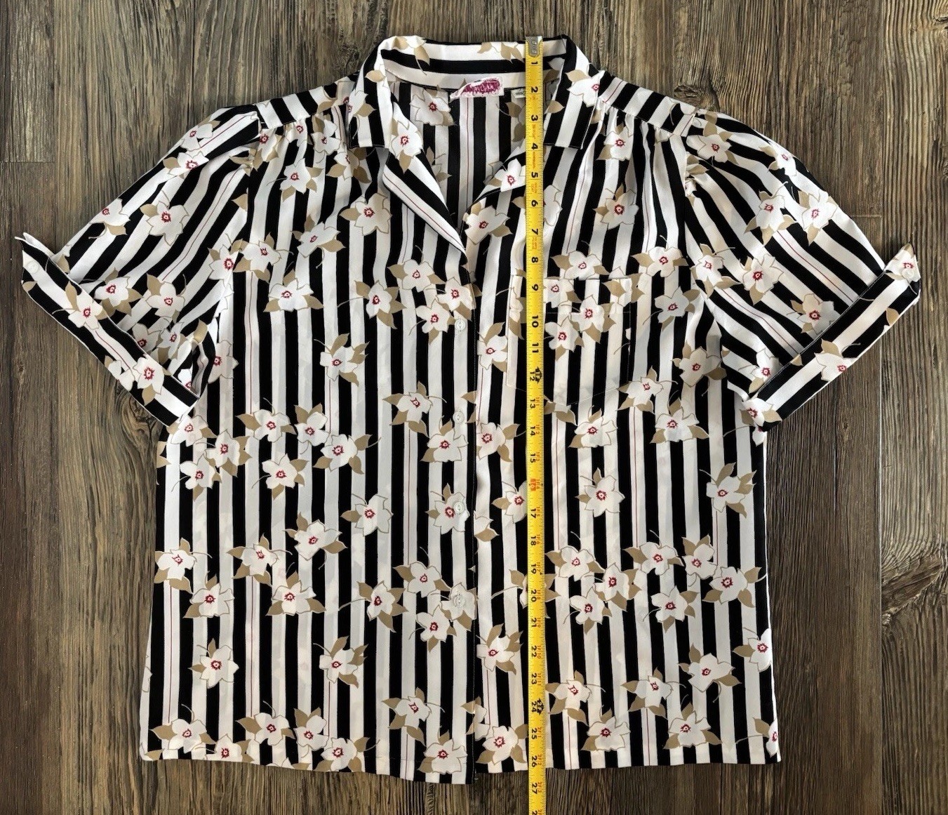 Vtg Silkhana By Lady Manhattan Blouse Womens 36 Blk Wht Stripe Floral Rockabilly