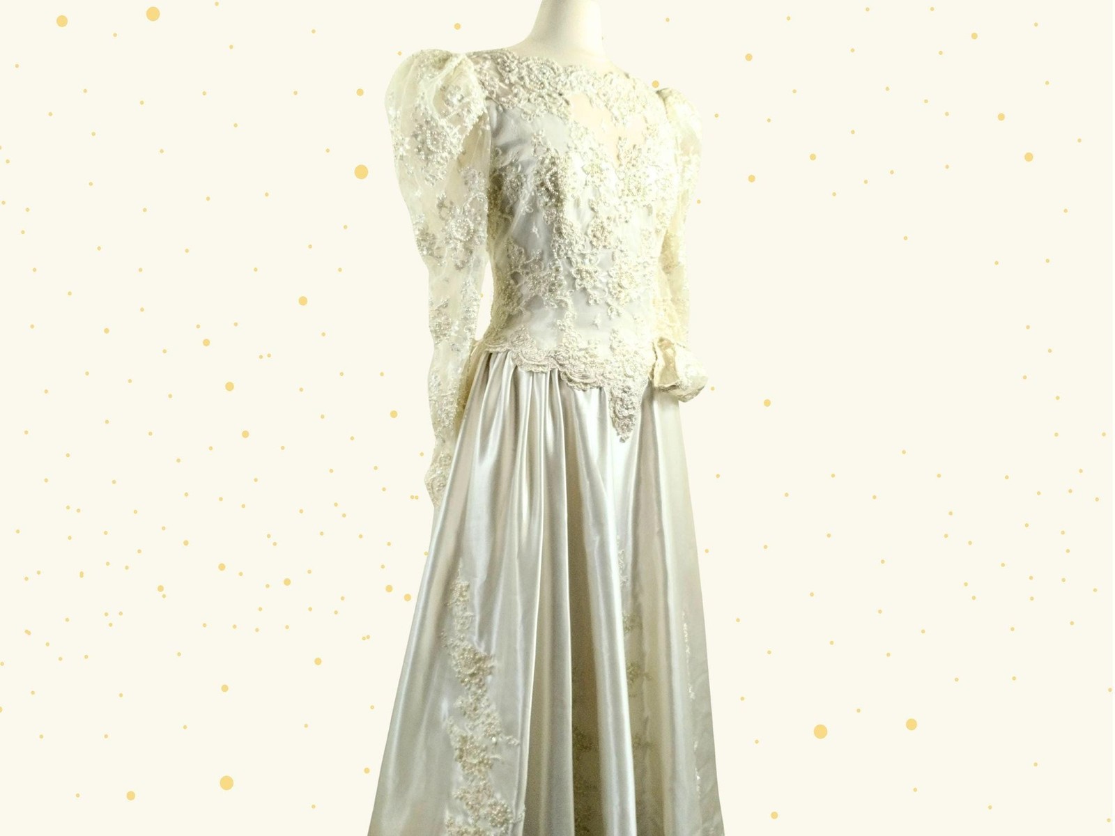Vtge 80s Wedding Dress: Ivory Satin, Pearls, Sequins, Puff Sleeves, Basque Waist