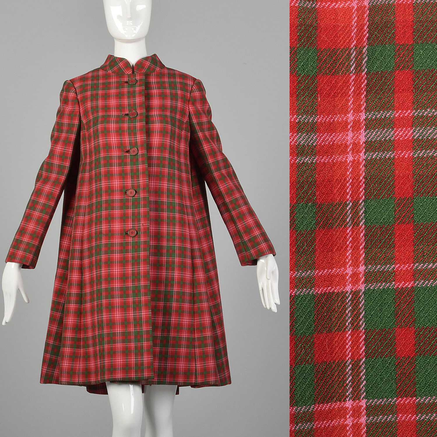 M Geoffrey Beene Red Swing Coat 1960s Green Plaid Heavyweight Jacket 60s VTG