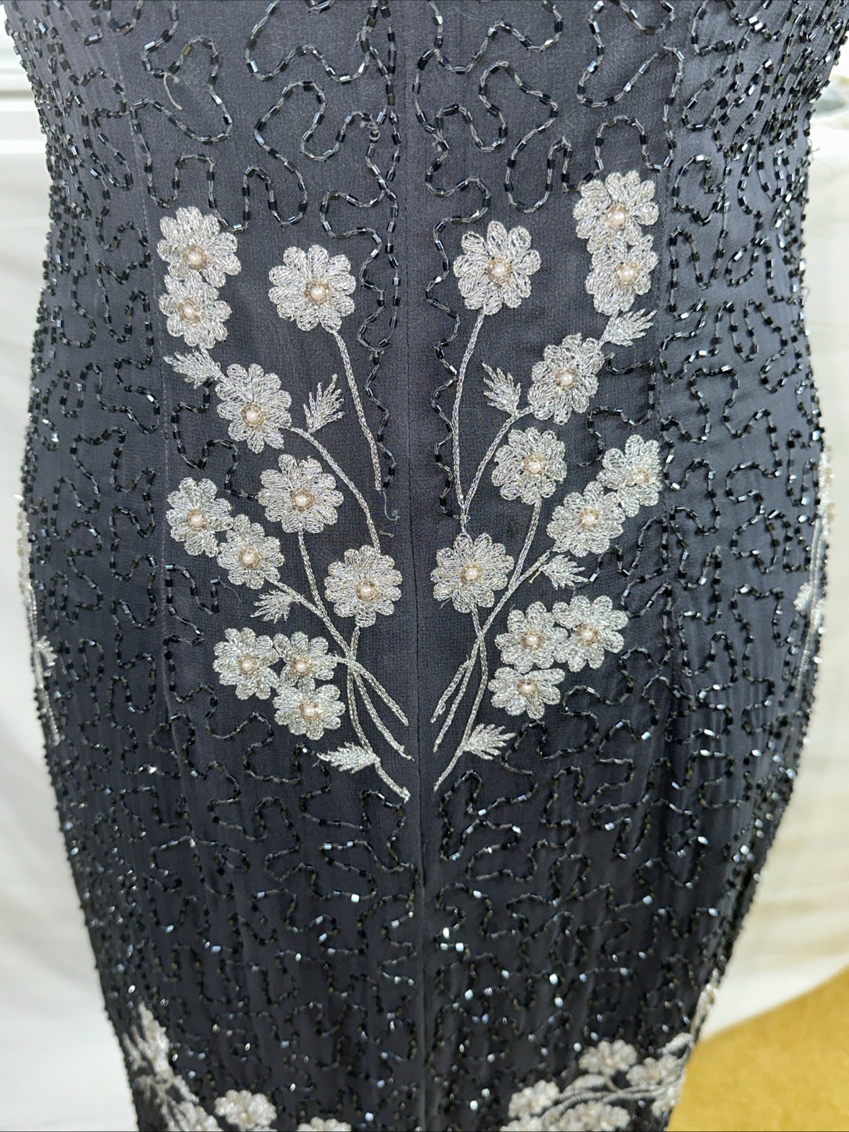 Vintage Papell Boutique Evening Grey Beaded Evening Gown Silk Size 8