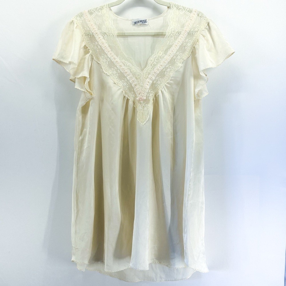 Vintage Cream Satin Lace Ruffle Sleeve Nightgown Slip Dress with Rosette