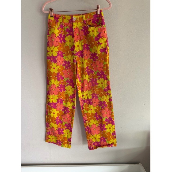 Another Girl Floral Straight Leg Pants Orange Pink Yellow Retro 60s Daisy Size 4