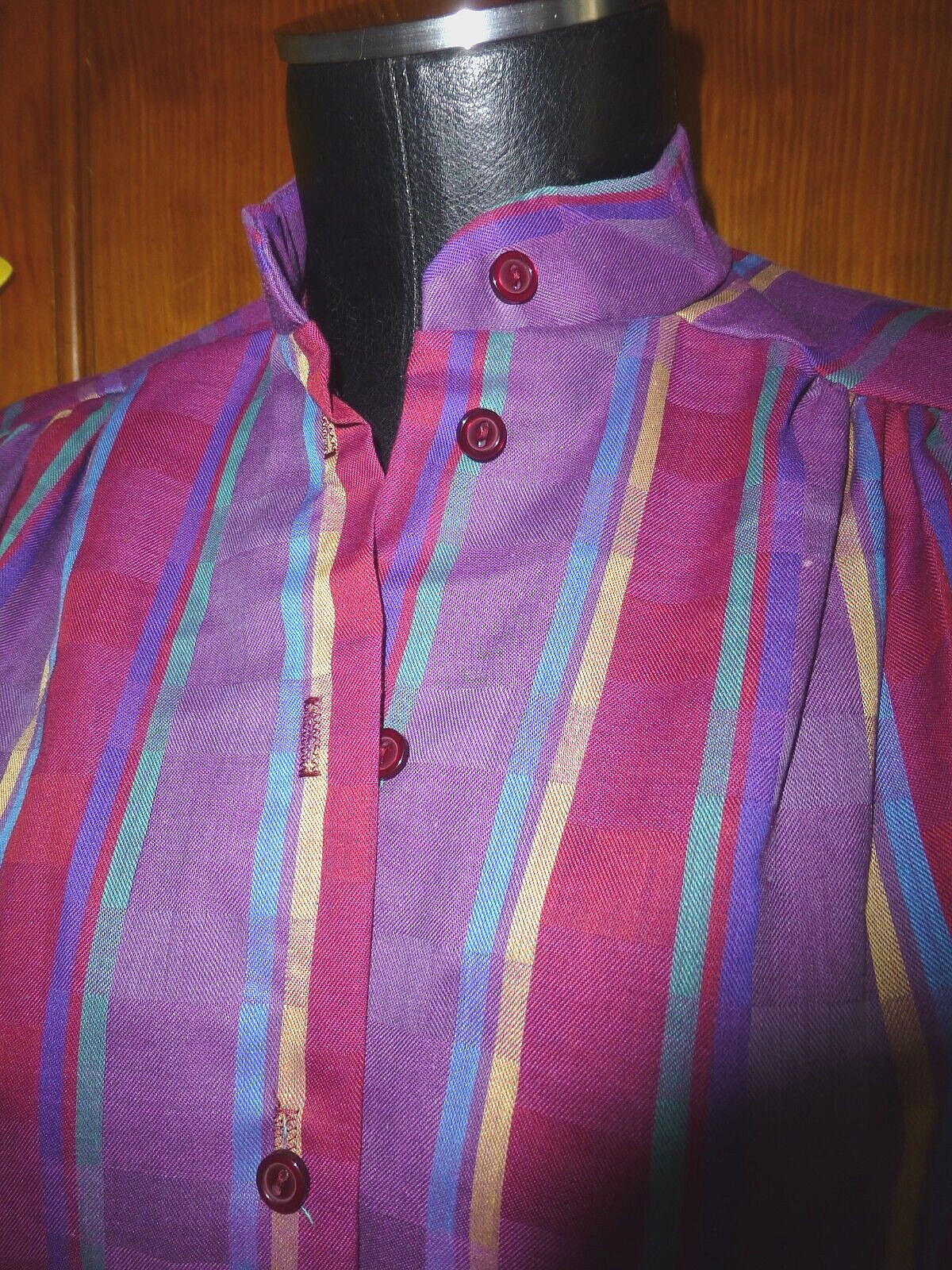 New Tag Vtg 80s Berry Blue Geo stripe Secretary Boho Tunic Top Blouse NOS M