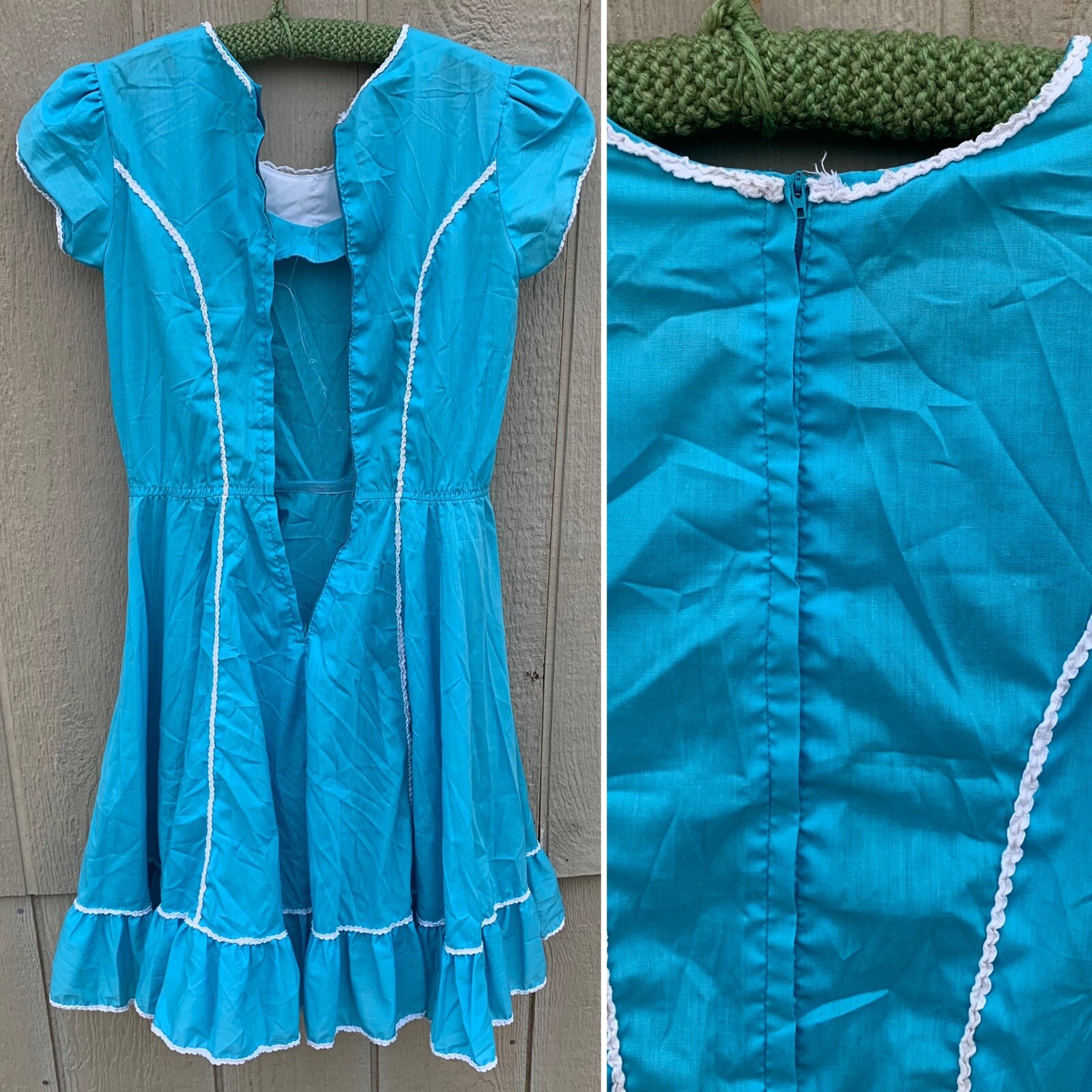 vintage square dance dancing dress with metal zipper blue with white accents