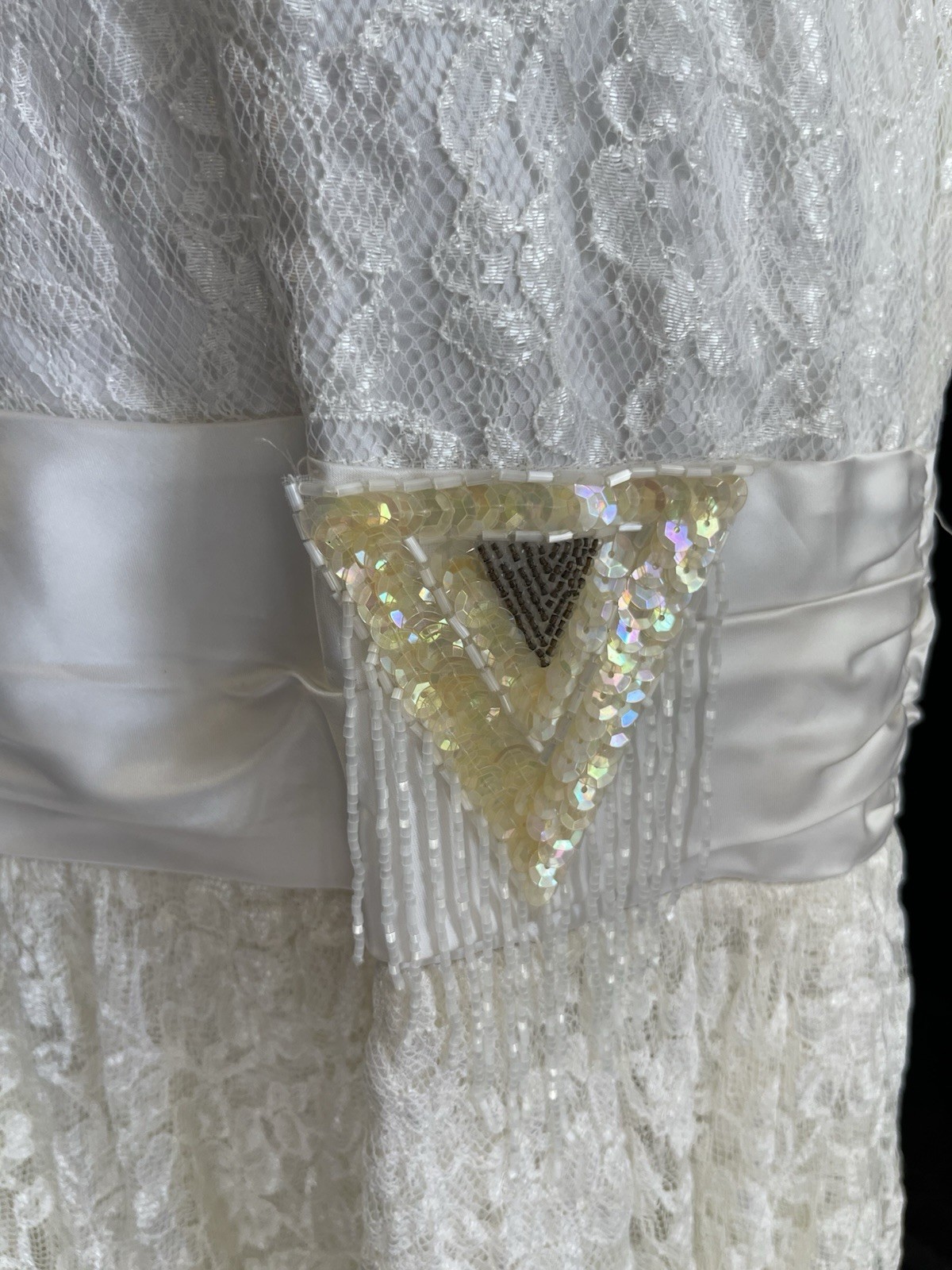 Vintage Victorian 80’s White Lace And Sequin Drop Waist Dress Asymmetrical Hem