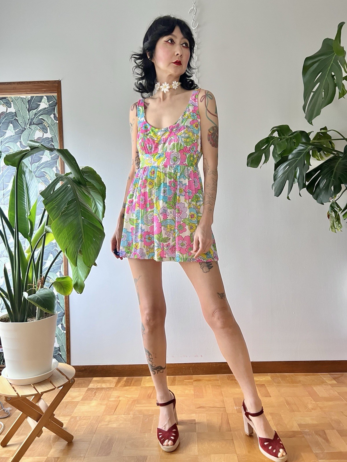 60s Mod Psychedelic Swirl Floral Babydoll Mini Dress Neon Pink Lounge Dress M/L