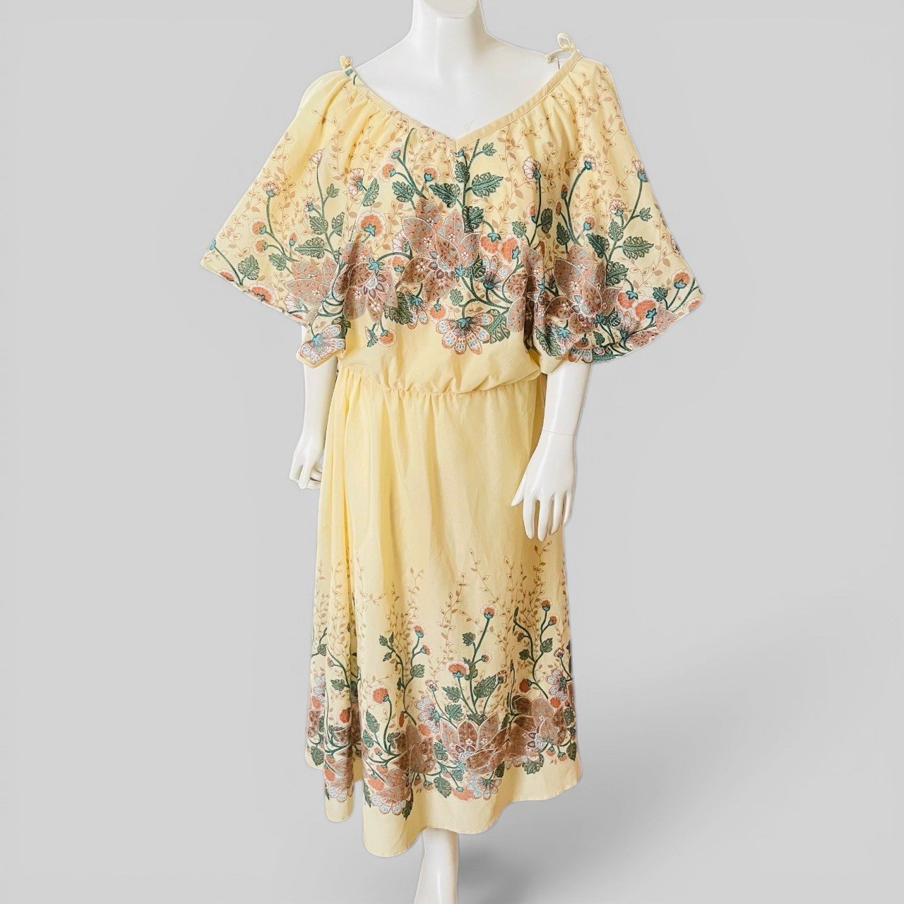 VTG Art Nouveau Style Boho Midi Dress Floral Victorian Cottagecore XS/S FLAWS