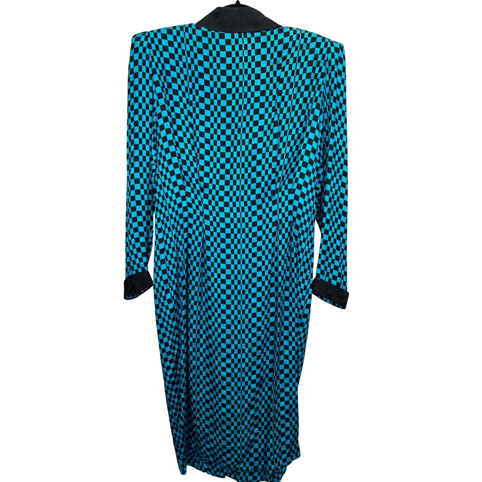 Adrianna Papell 80s 90s Silk Checkerboard Dress Teal Black Bow Vintage Size 14