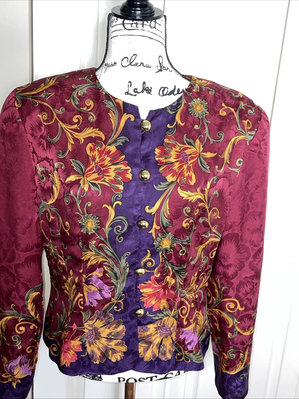 Maggy London Vintage Multi Color Floral Print 100% Silk Button Down Jacket 12