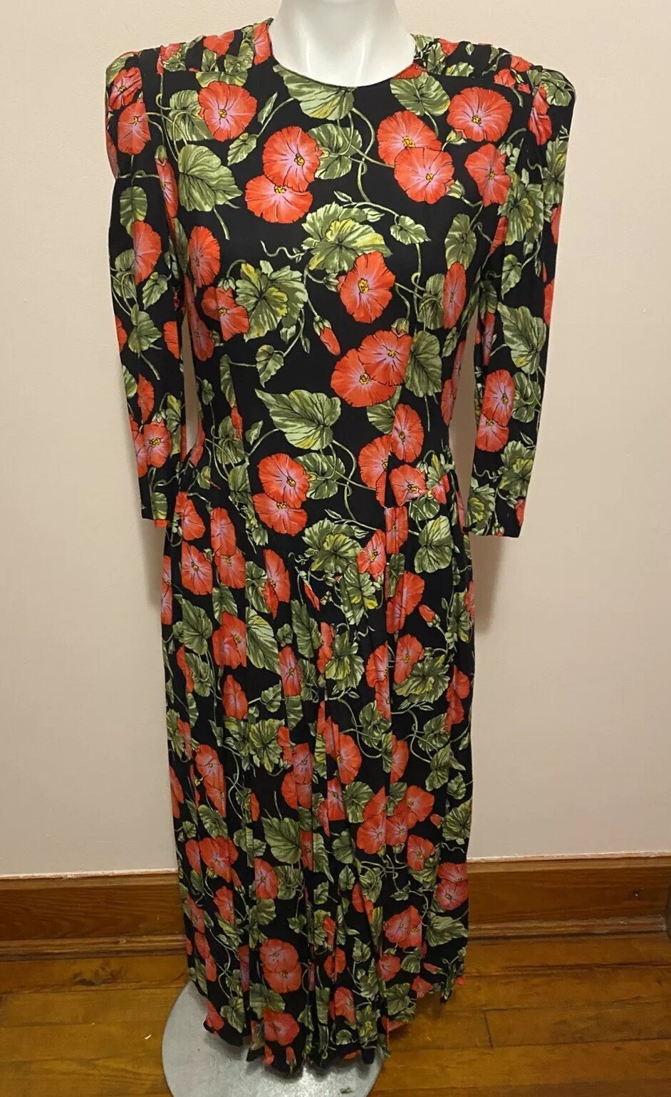 Vtg 80s Karin Stevens Poppy Midi Rayon Floral Multicolored Dress Cottage Core 10