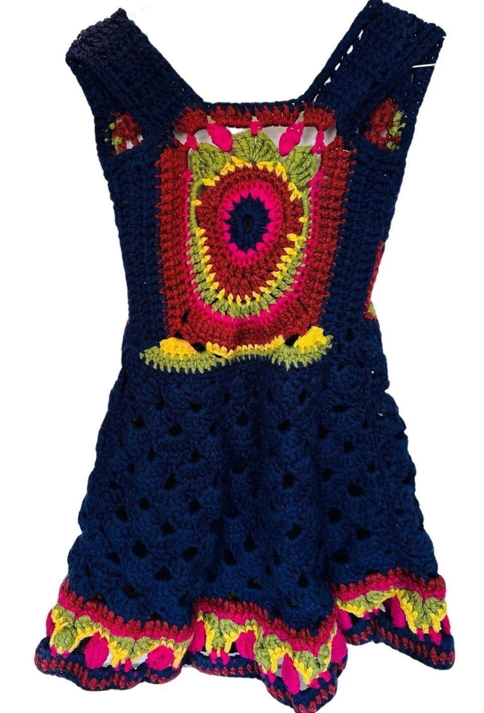 Vintage 70s 80s Colorful Crochet Granny Young Girls Dress See Photos