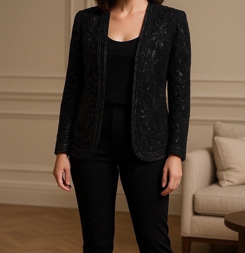 Niteline By Della Roufogali Sz L 100% Silk Black Sequin Beaded Jacket Old Money