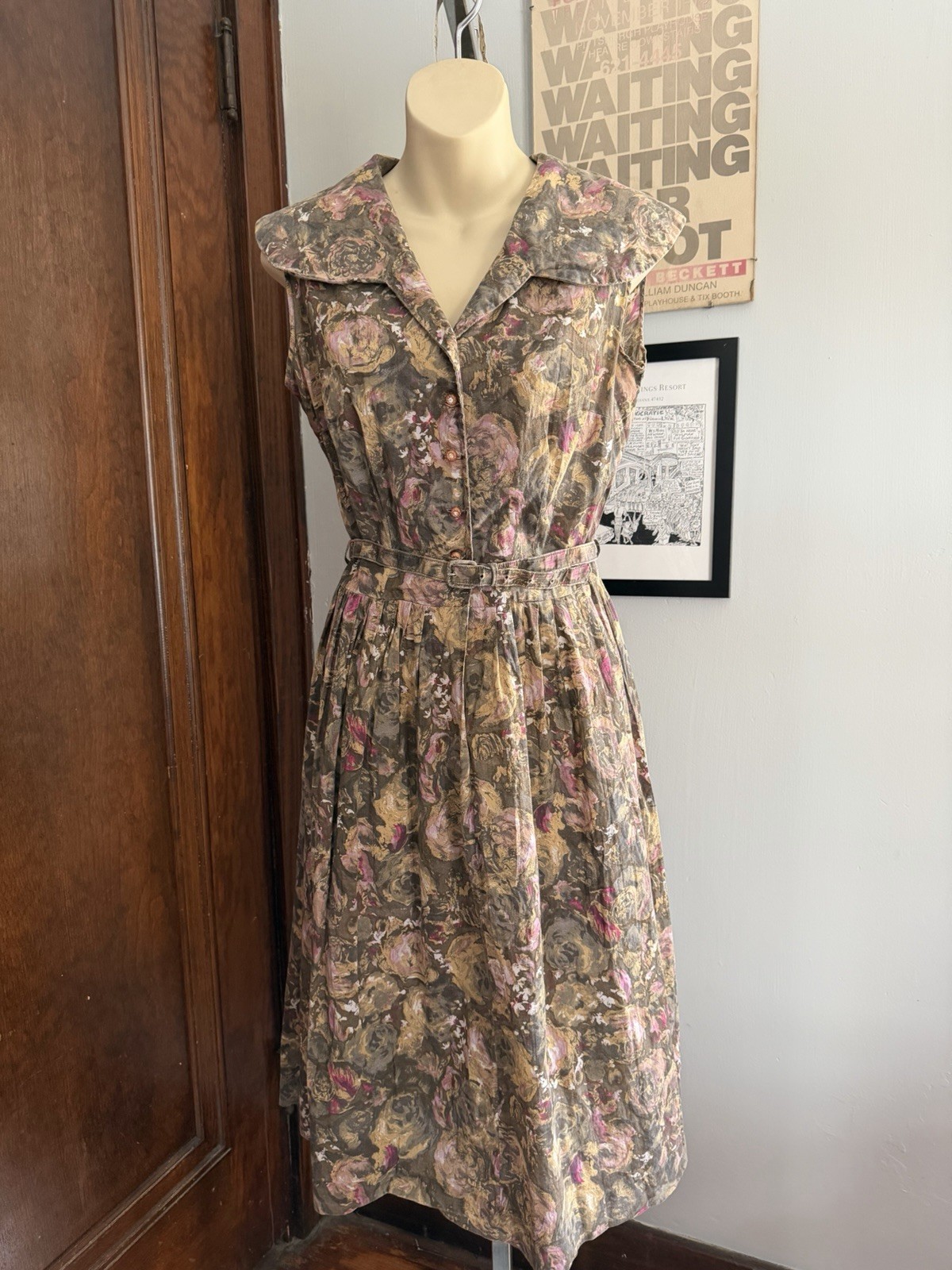 Vintage 50s Gingham Girl Rose Print Sundress S