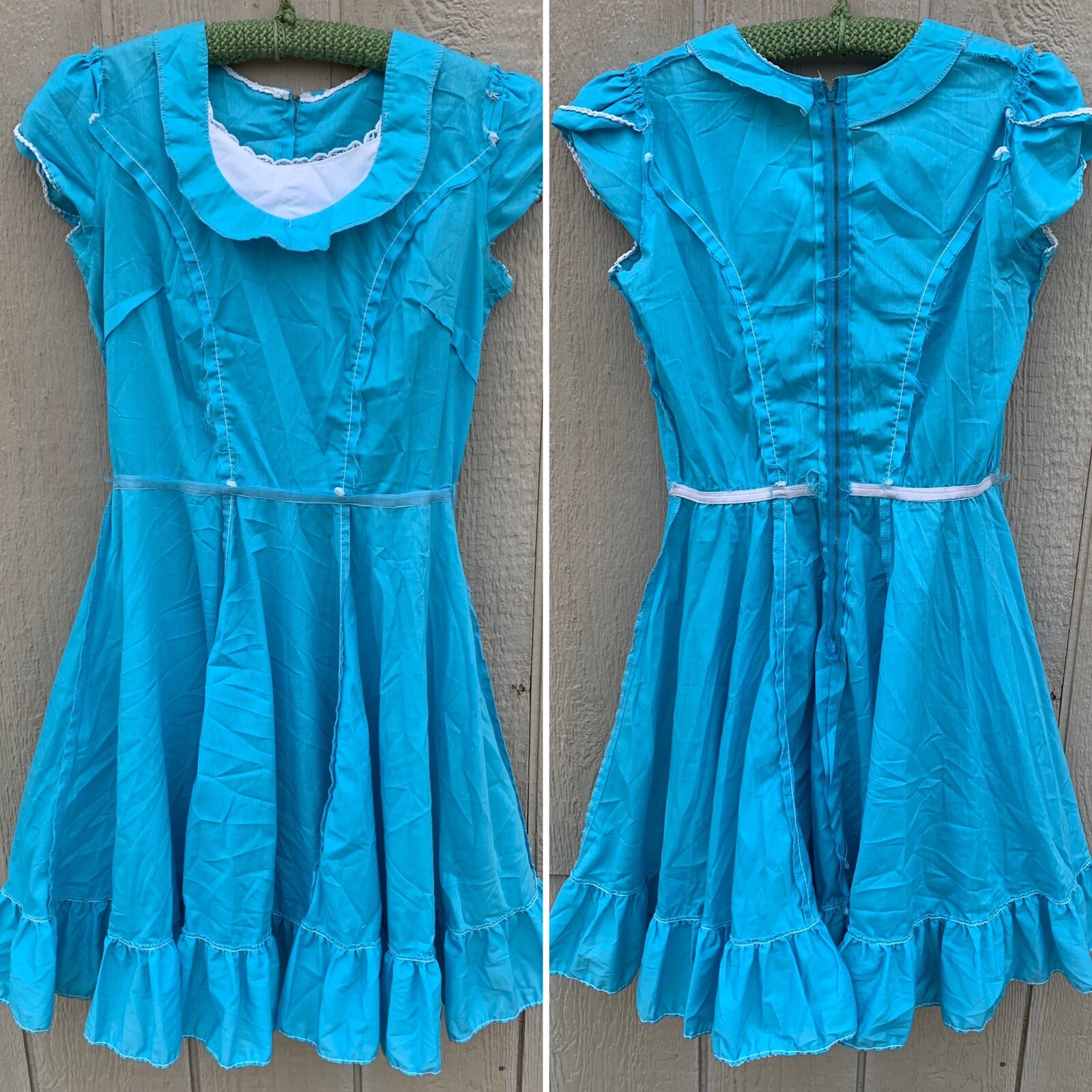 vintage square dance dancing dress with metal zipper blue with white accents