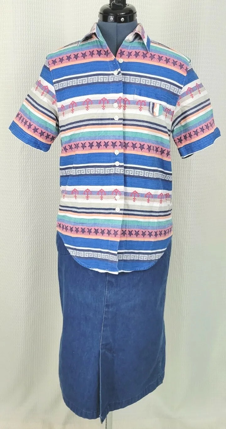Vintage Cabin Creek Striped Button Down Shirt w Anchor Details Size Small Petite