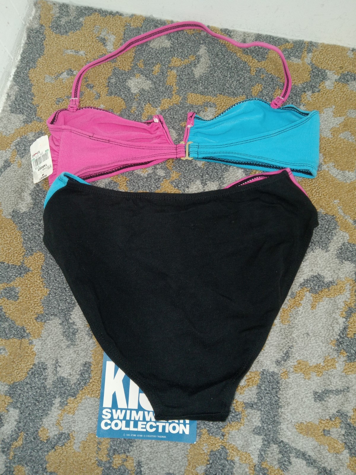 Vtg Gitano Sunkiss 80s Bikini 2 pc High Strip Swim Suit Black Blue Pink Sz 9/10
