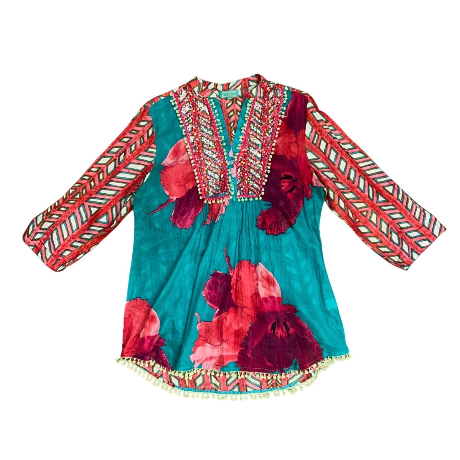 Antica Sartoria Giacomo Cinque Boho Floral Sequin Pom Tunic top XL western