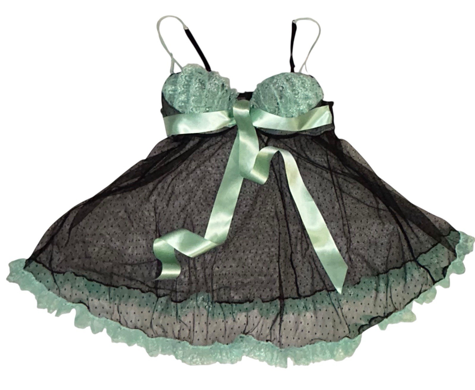 J. C. PENNEY DELICATES Black Sheer Mint Green Lace Trim Bows Nylon Nightie M