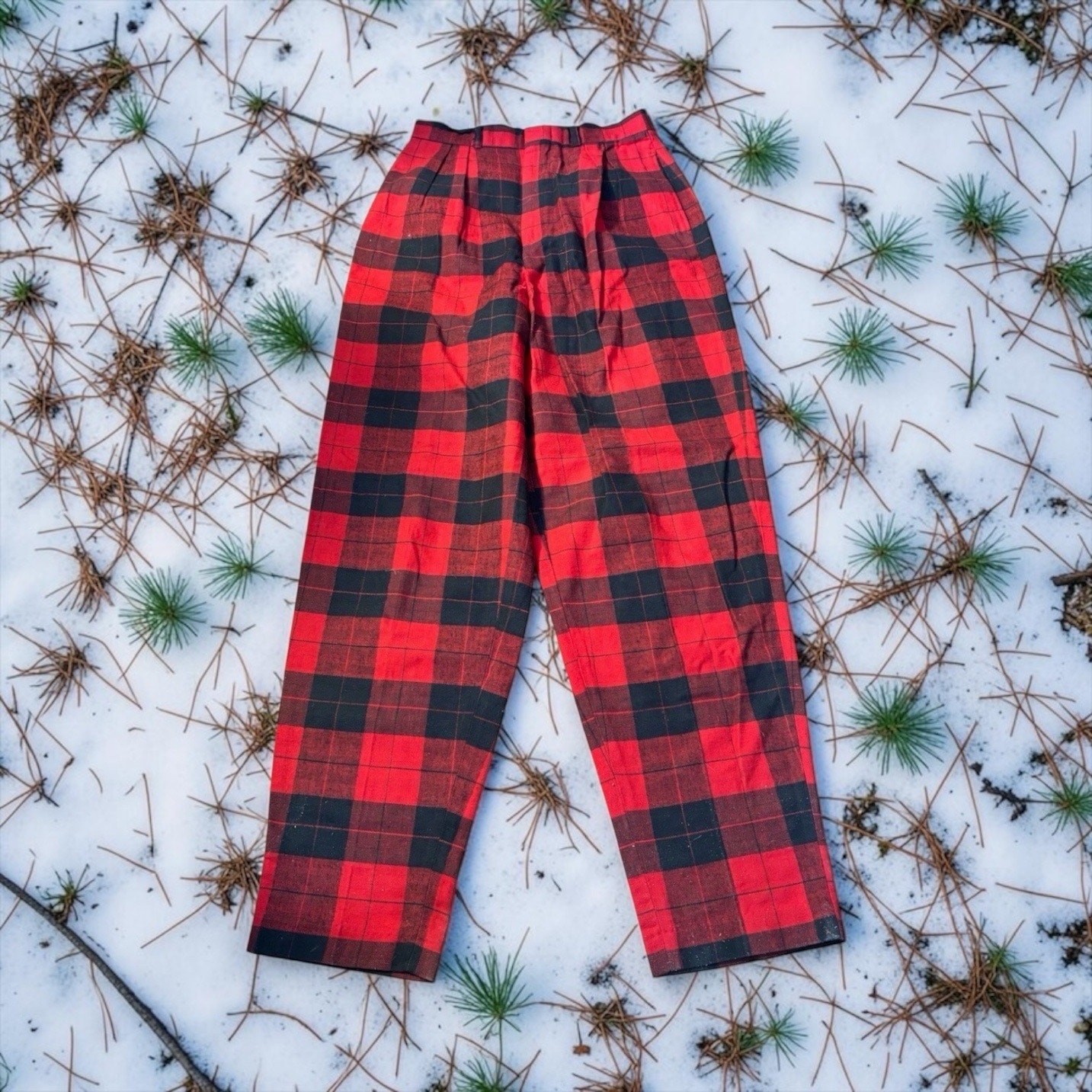 Red Buffalo Plaid High Rise Pants 80s Lumberjack Campcore USA Made 26×29