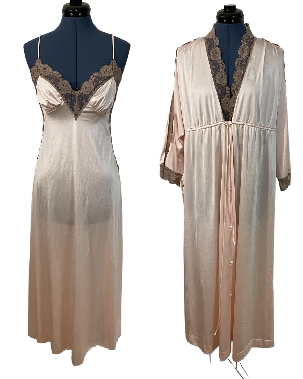 Vtg JC Penny Pink Brown Lace Peignoir Sleeveless Slip Long Nightgown & Robe XS