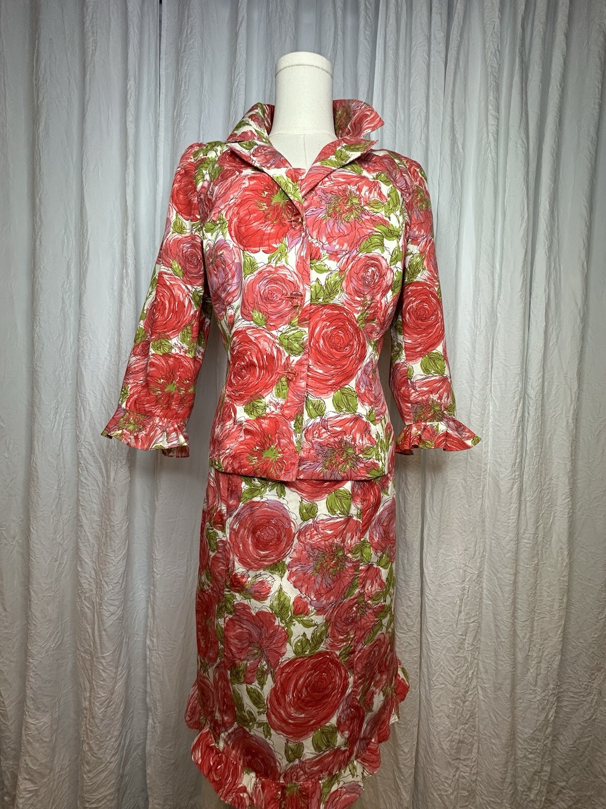 Vtg NOVIELLO-BLOOM Floral SILK 2 pc Ladies Dress Suit w Tank Dress & Jacket Sz 6