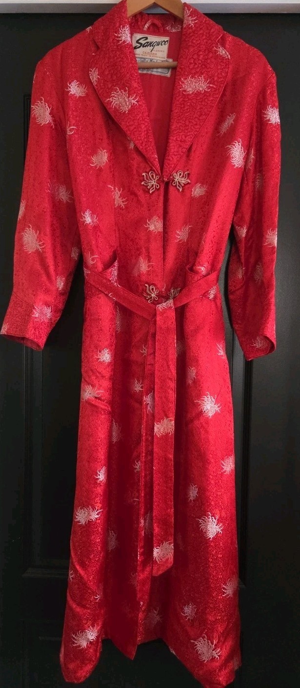 SANG WOO Tailor Custom Robe 1950 – 60 Silk Satin Brocade Okinawa Red Lined Coat