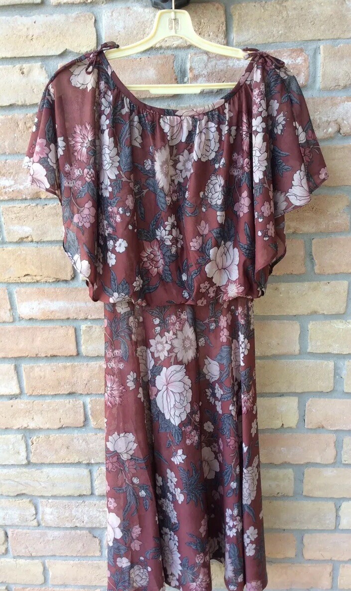 VTG 70s Tracy Floral Earth Tones Secretary Dress XS? Cape Flutter Disco 25″W