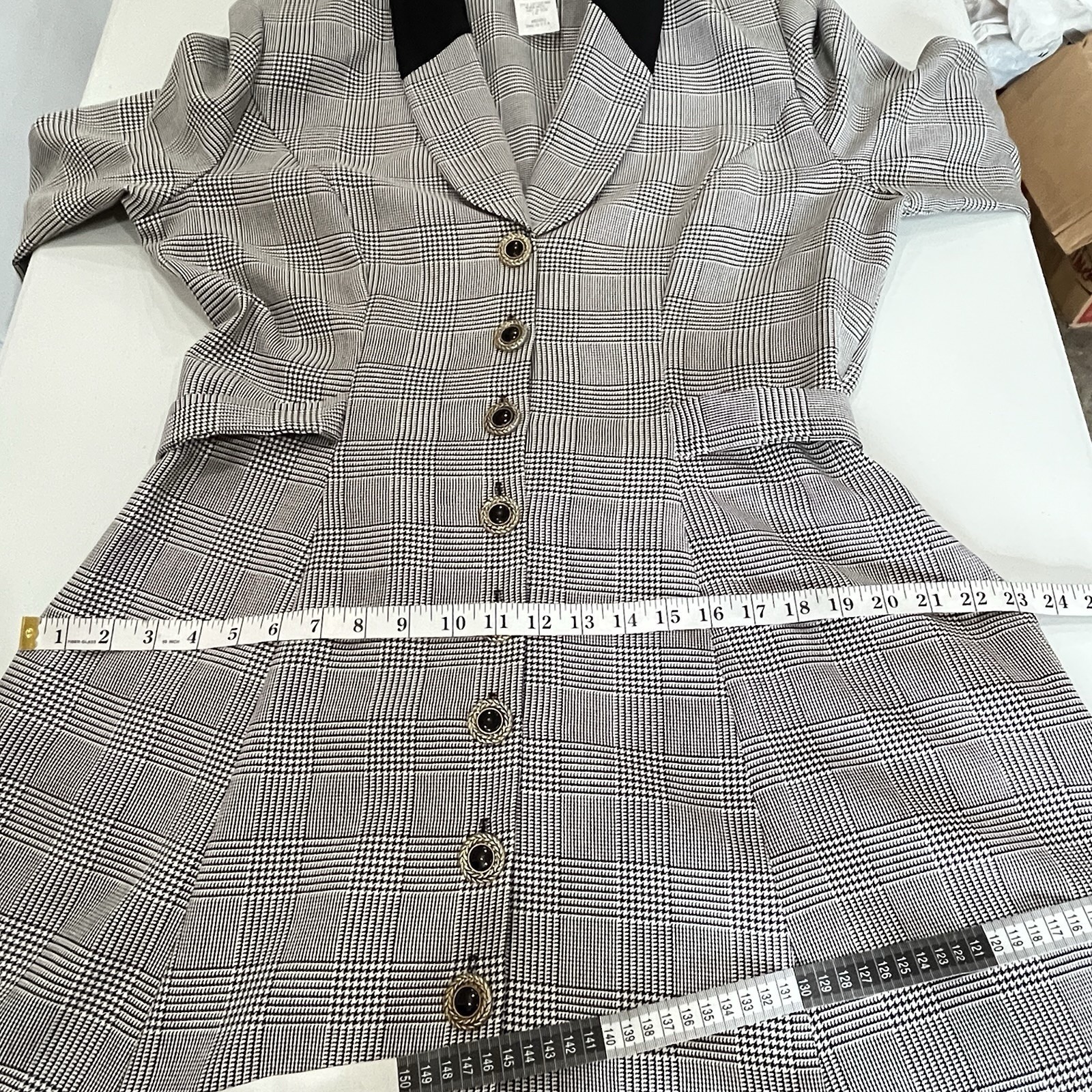 Vintage Sz 16 Classic Houndstooth Collard Shirt Dress Shoulder Pads Unlined USA