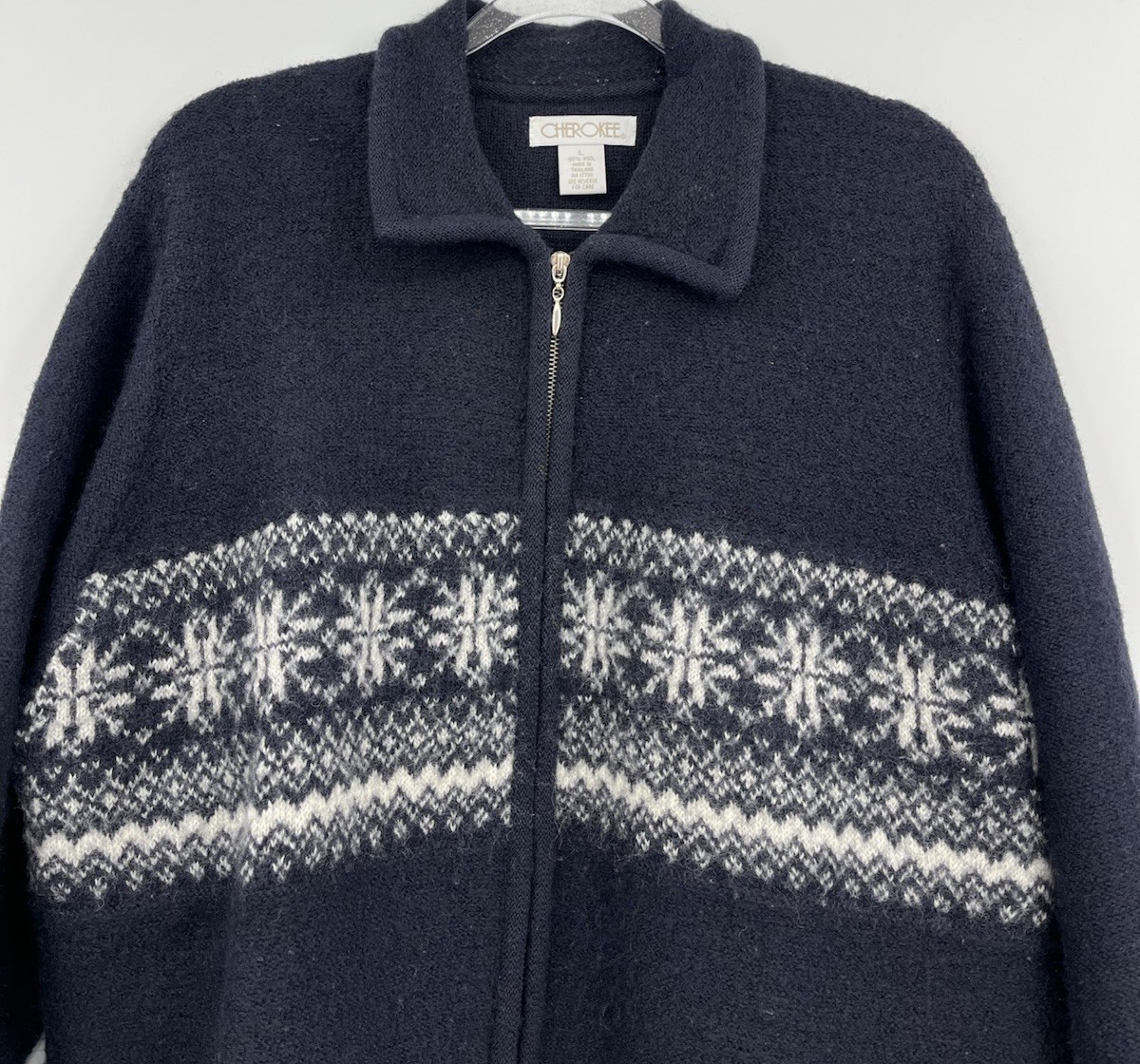 Vintage Cherokee 100% Wool Fair Isle Style Full Zip Sweater Collared Size Large