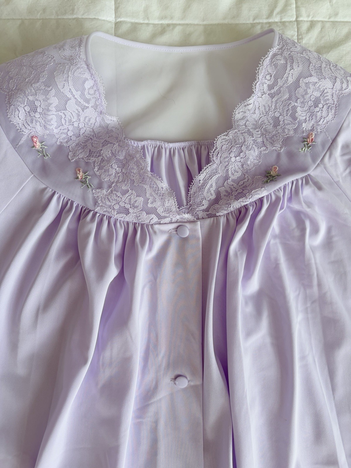 VTG Shadowline Nightgown Robe Lilac Lace Romantic Sleepwear Front Button Retro