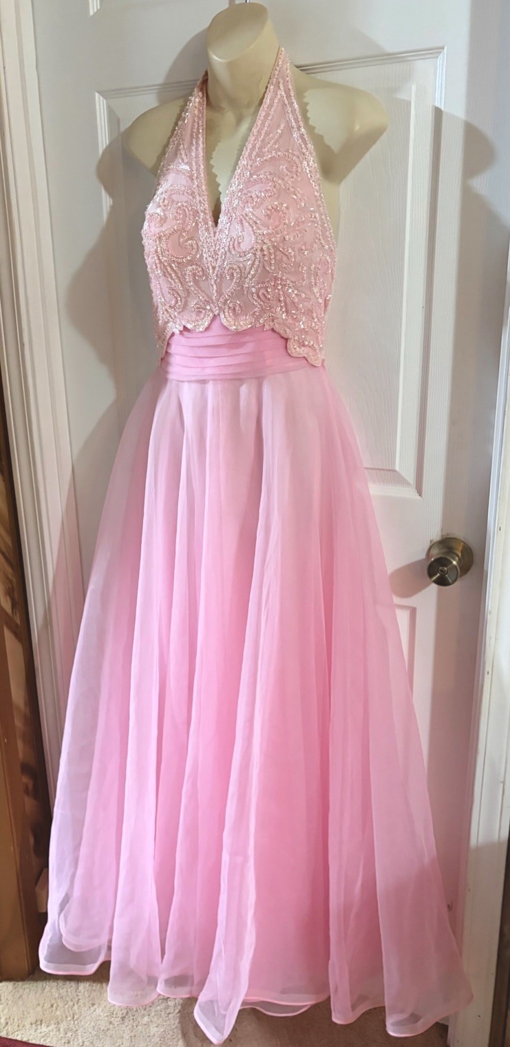 Vintage Alyce Designs Pink Chiffon Gown Beaded Halter Dress Prom Pageant Size 8