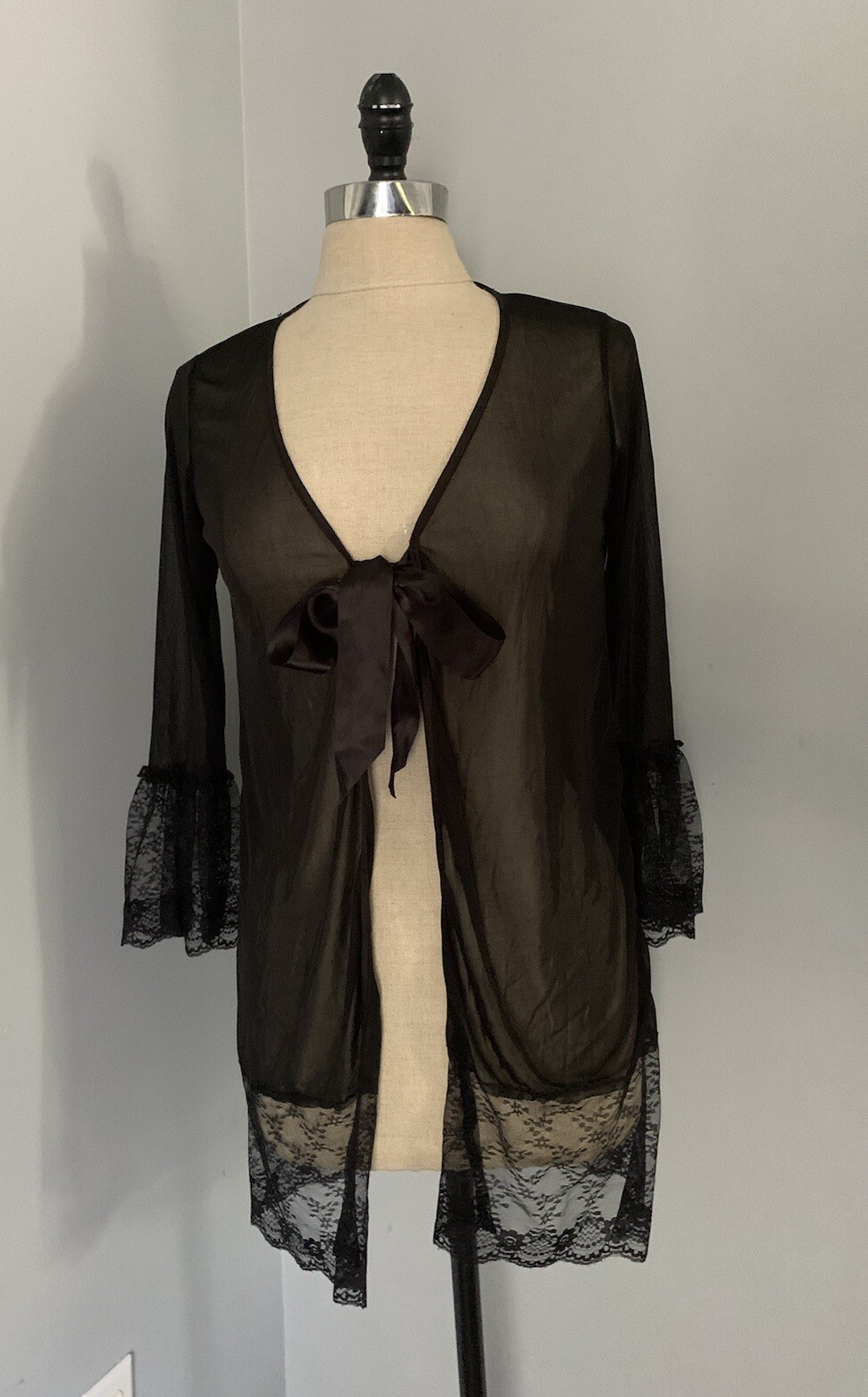 Vintage 80s Black Lace Negligee Lingerie Ribbon Bow Bell Sleeves Goth Glam Boho