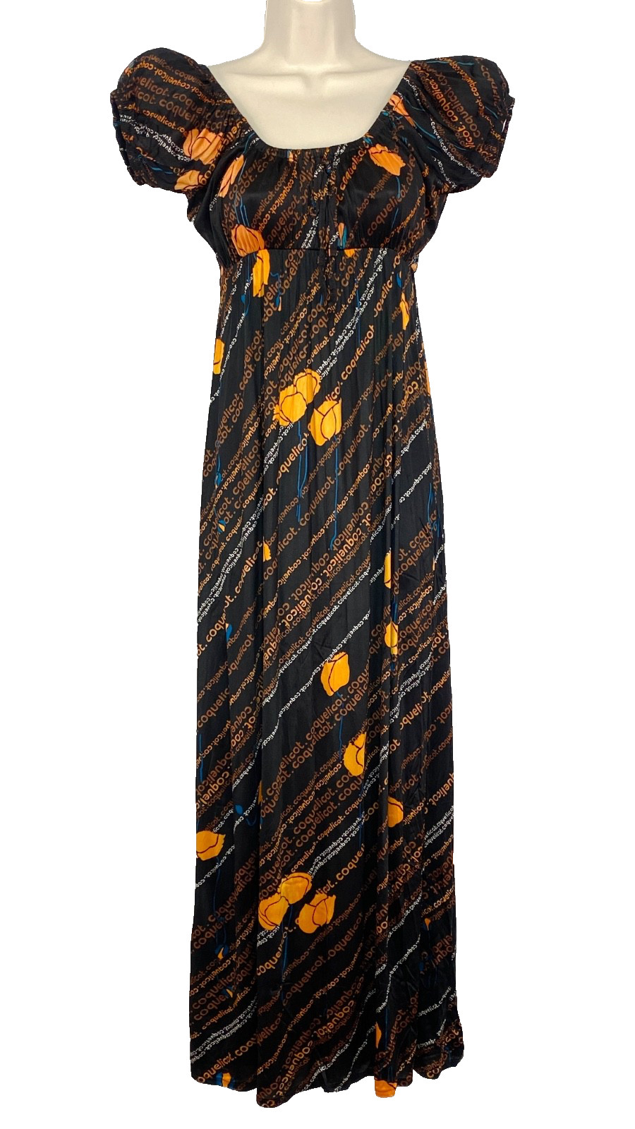 Vintage 1970s black orange maxi dress S M short puffed sleeve poppy floral