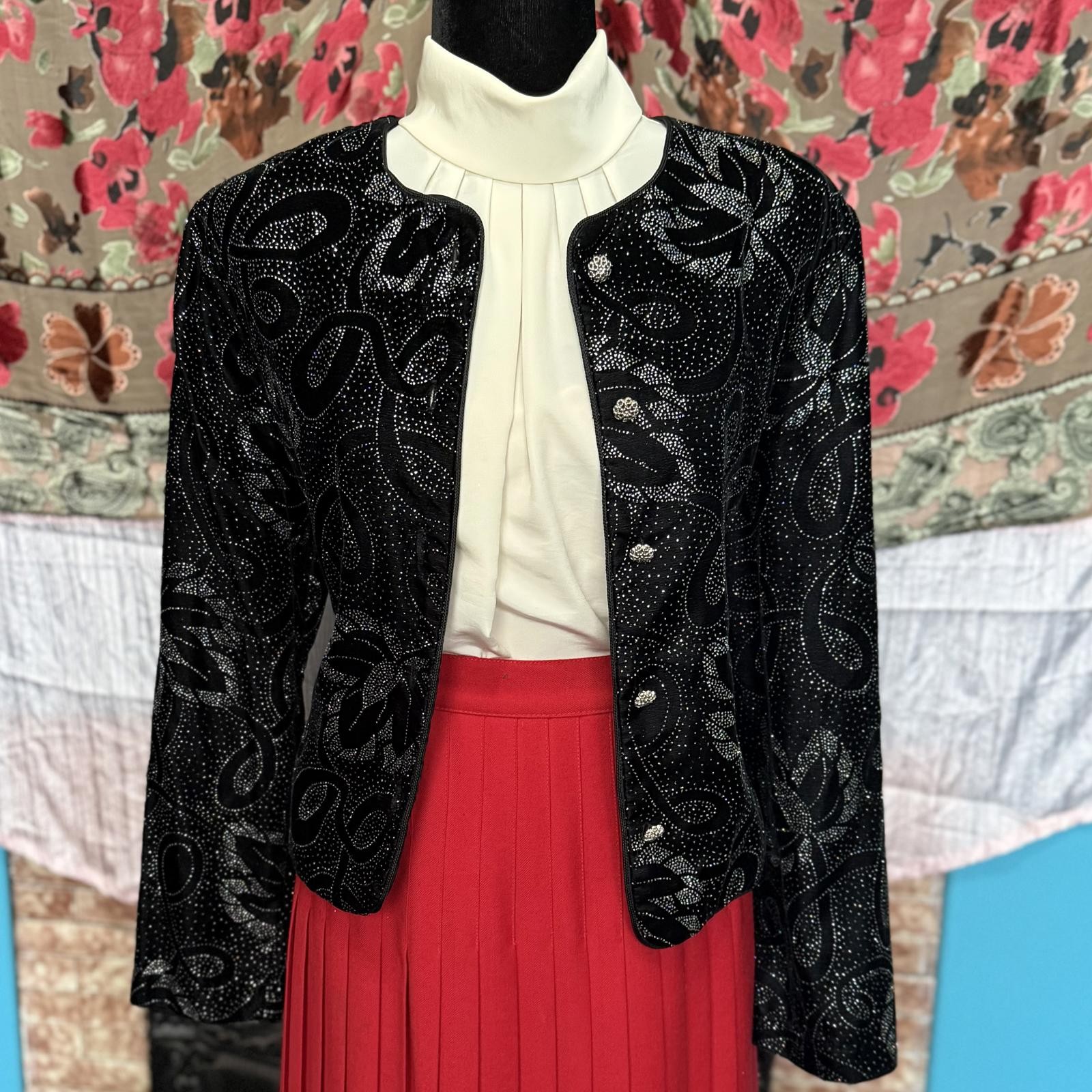 Vintage Separate Scene Black Velvet Silver Glitter Sequin Blazer size M/L