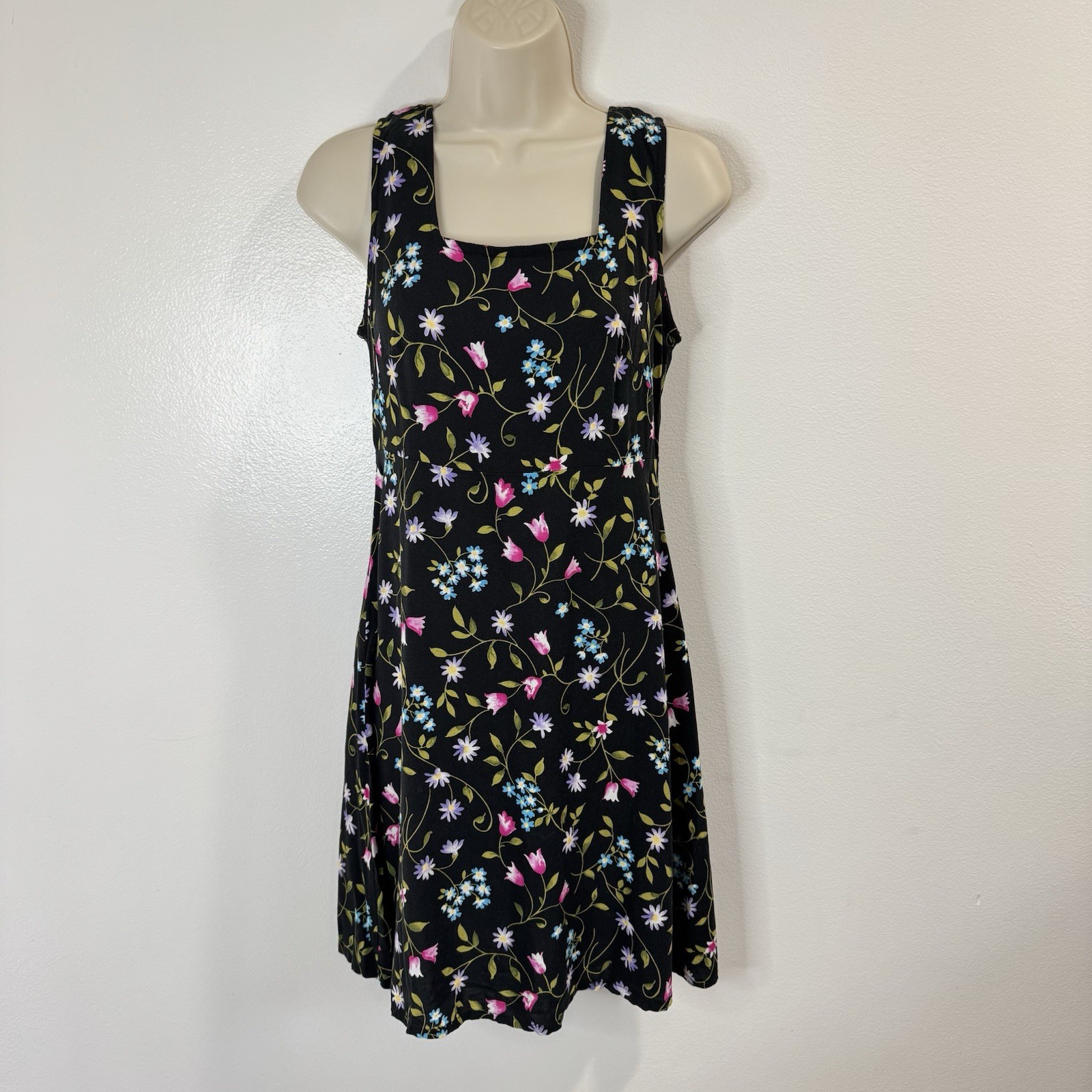 Vintage 90s Y2K Um & Company Shirt Dress 5 / 6 S Black Floral Square Neck