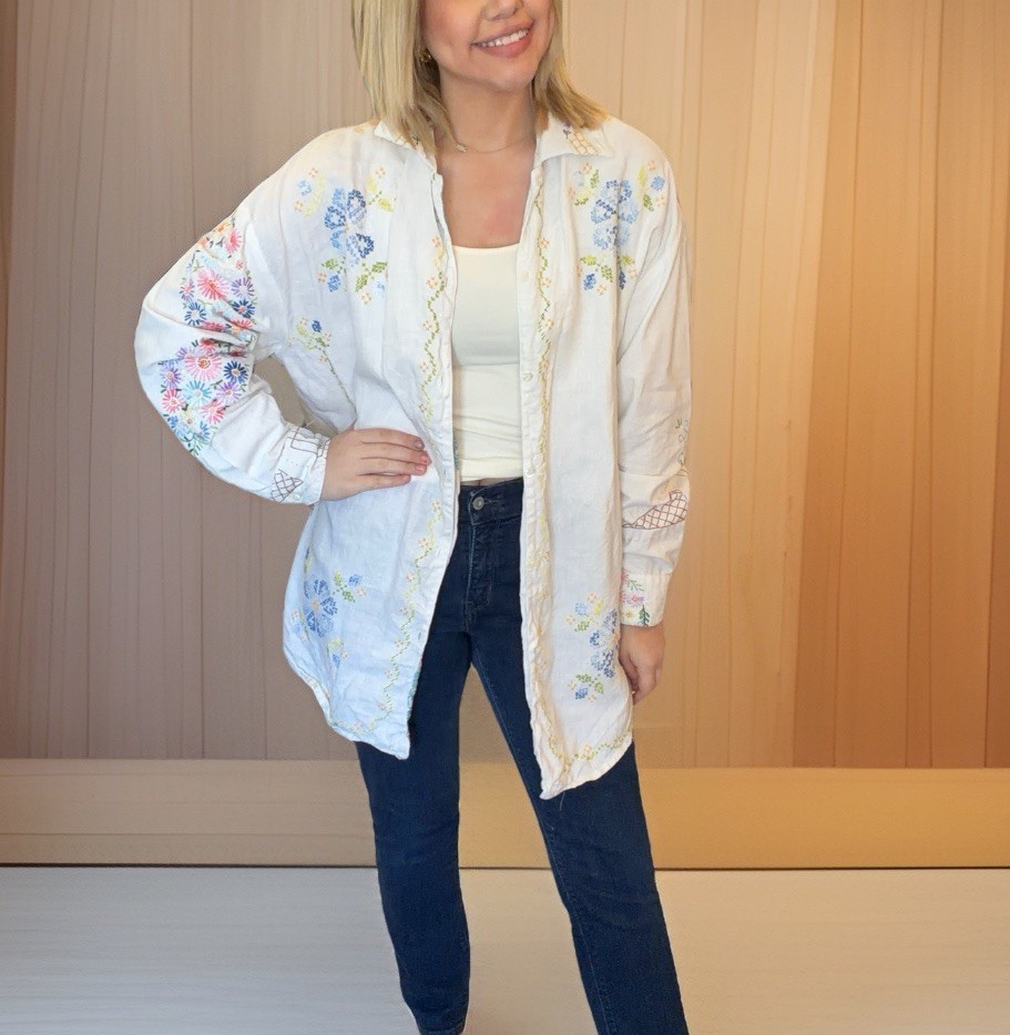 Vintage Y2K Tarra By Stephanie La Rue Linen Embroidered Artsy Jacket Shirt O/S
