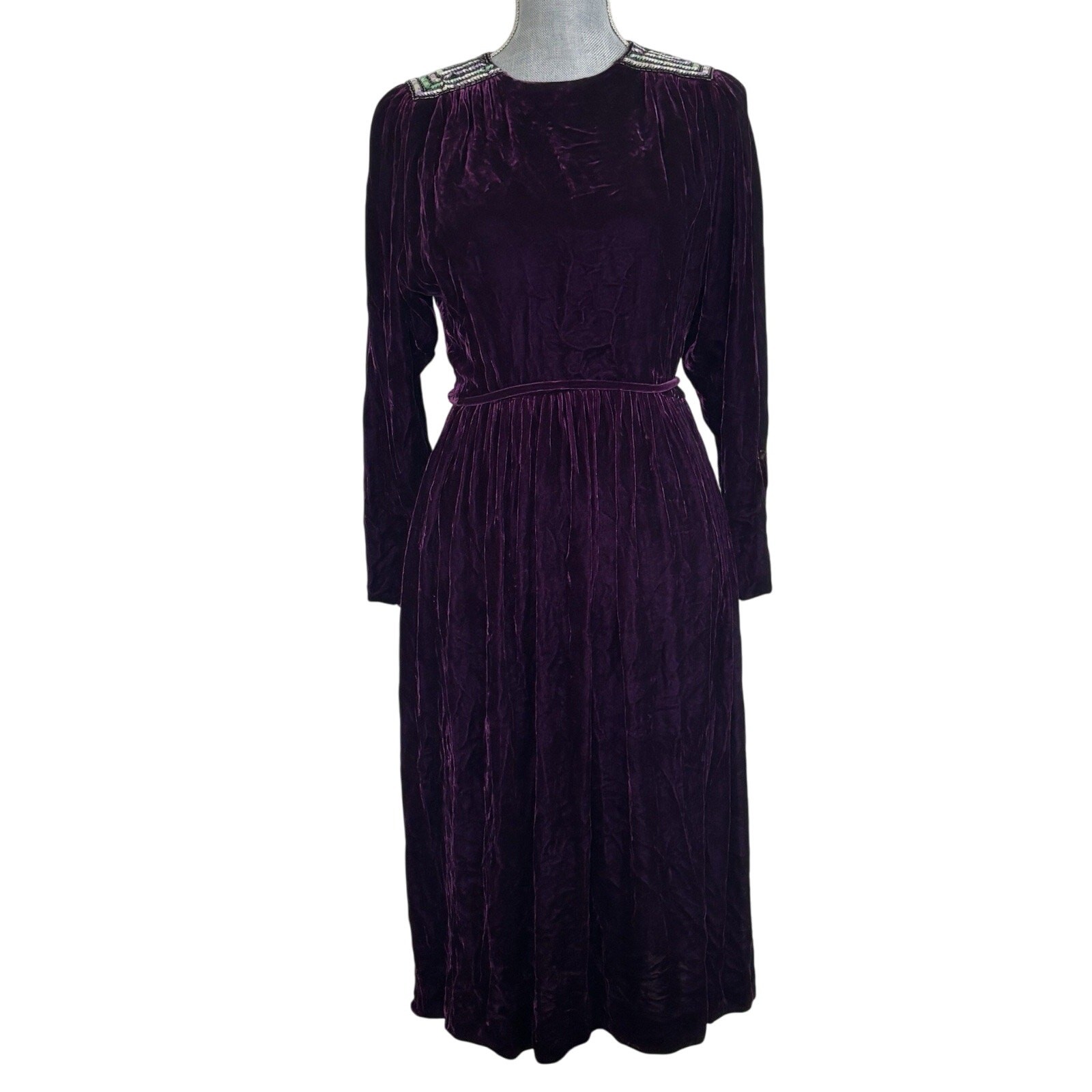 80s Crushed Velvet Silk Blend Purple Sequin Midi Dress 6 Fairy Grunge Retro