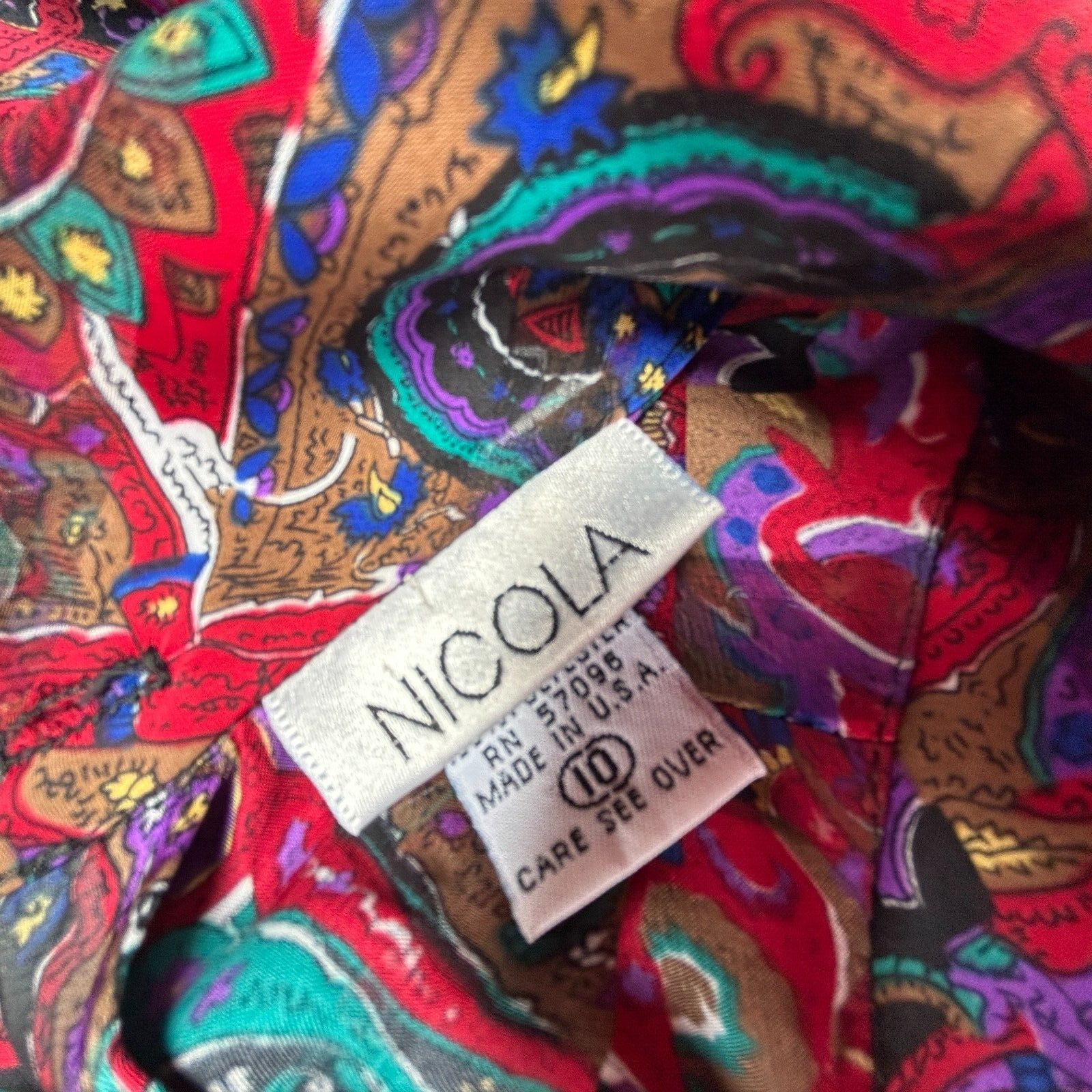 Vintage Nicola Women’s Multicolor Paisley Print Blouse Top Size 10 Long Sleeve