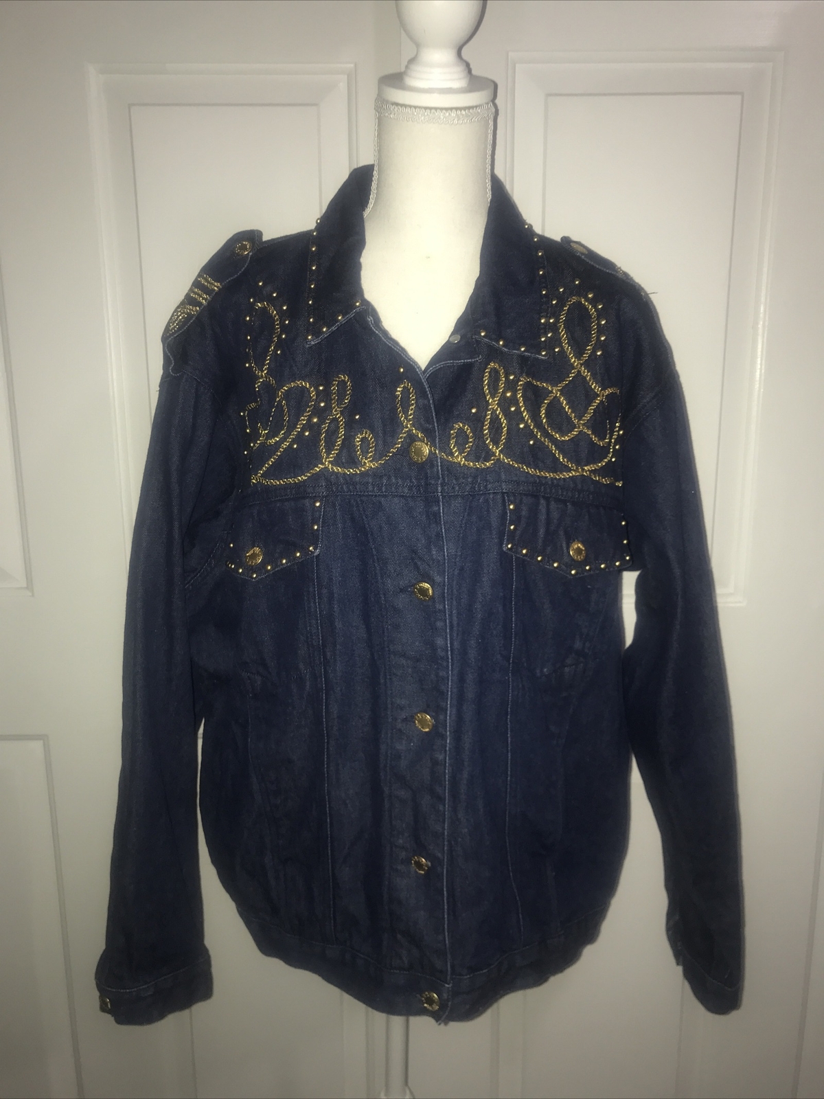 VTG CAROLE LITTLE Jacket Denim Blue Gold Studs/Rope Embroidery Size 14? (READ)