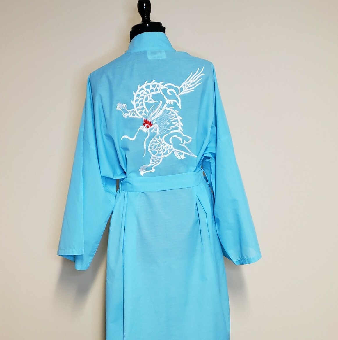 VTG Kimono Robe LG Plum Blossoms SPRING Blue Dragon Tie Belt Embroidery