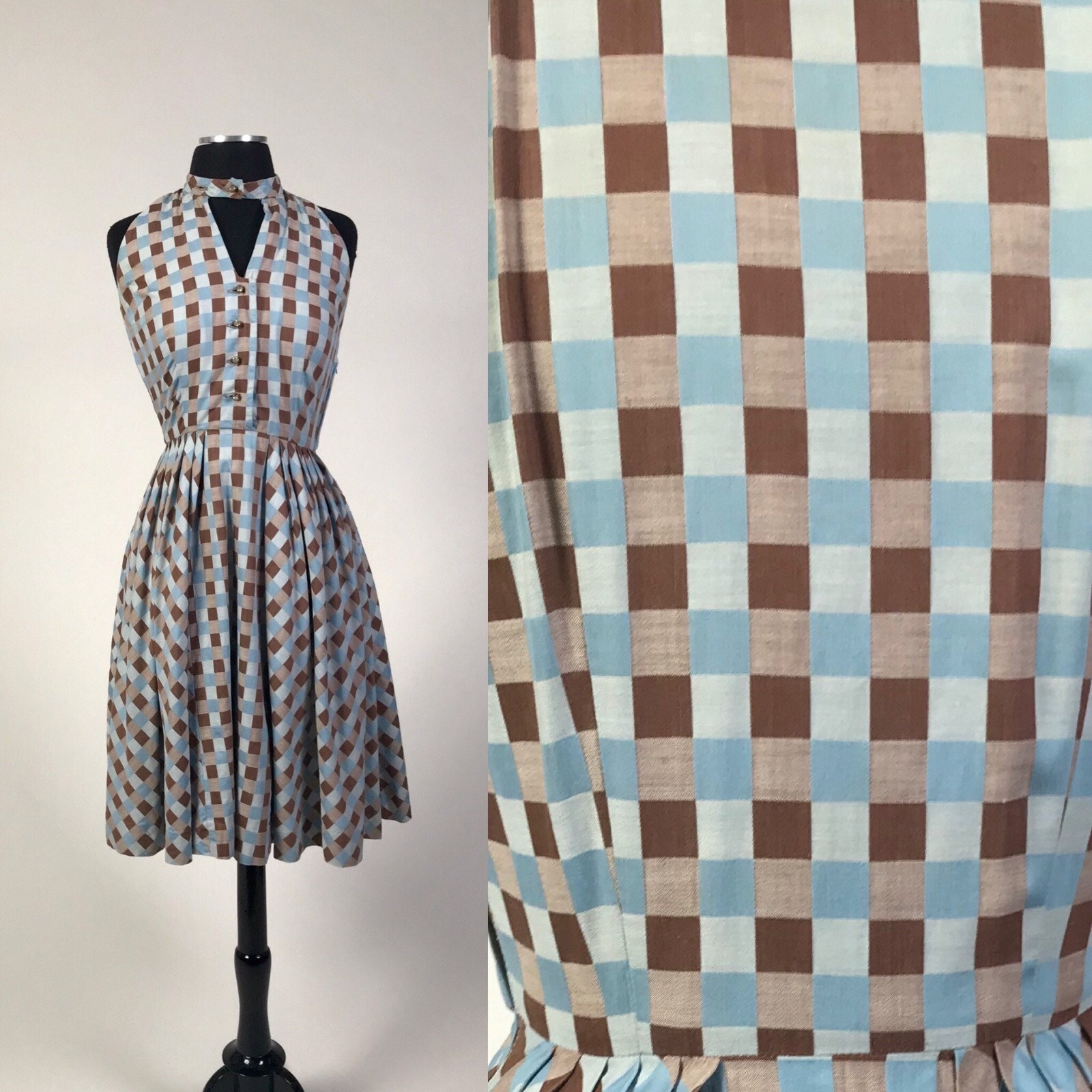 Vintage 1940s Cotton Blue Brown Checker plaid Fit Flare Dress Matching Shawl