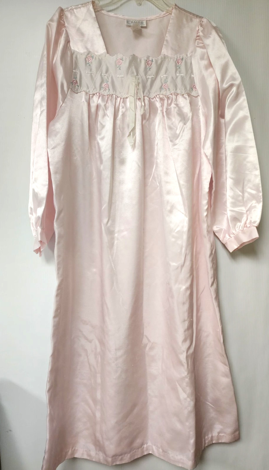 Komar Pink Long Nightgown Satin Flannel Lined Embroidered Medium